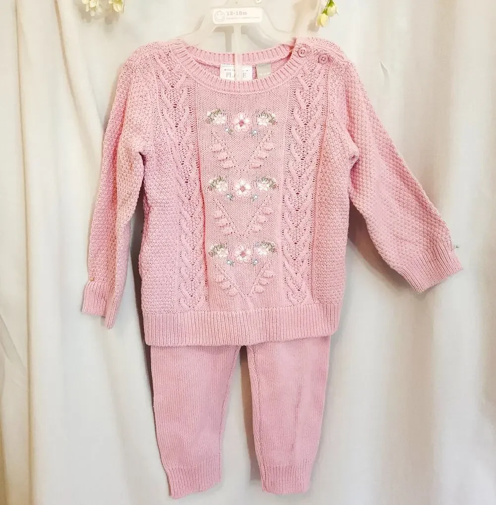 The Children's Place Baby Girl 12-18M Sweater Pants Set Floral NWT Pink